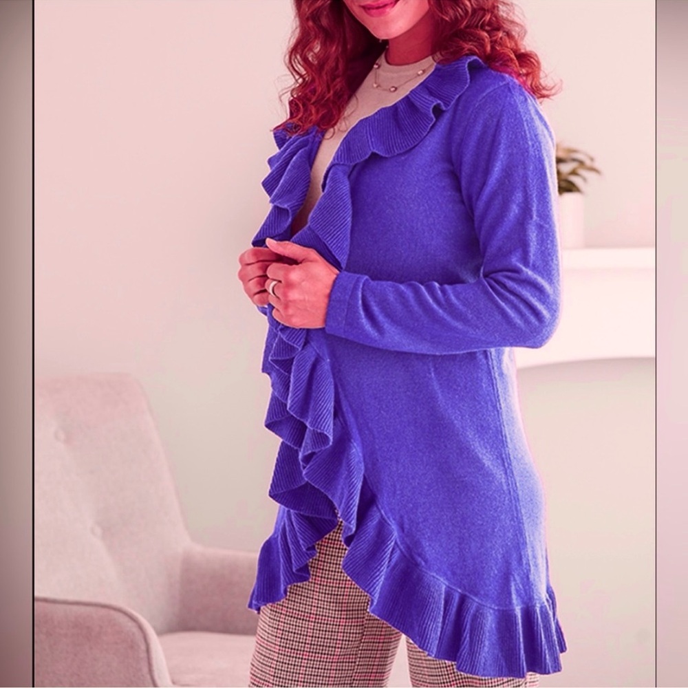 Forte Cashmere Like New Purple Ruffle Cardigan Sweater, M